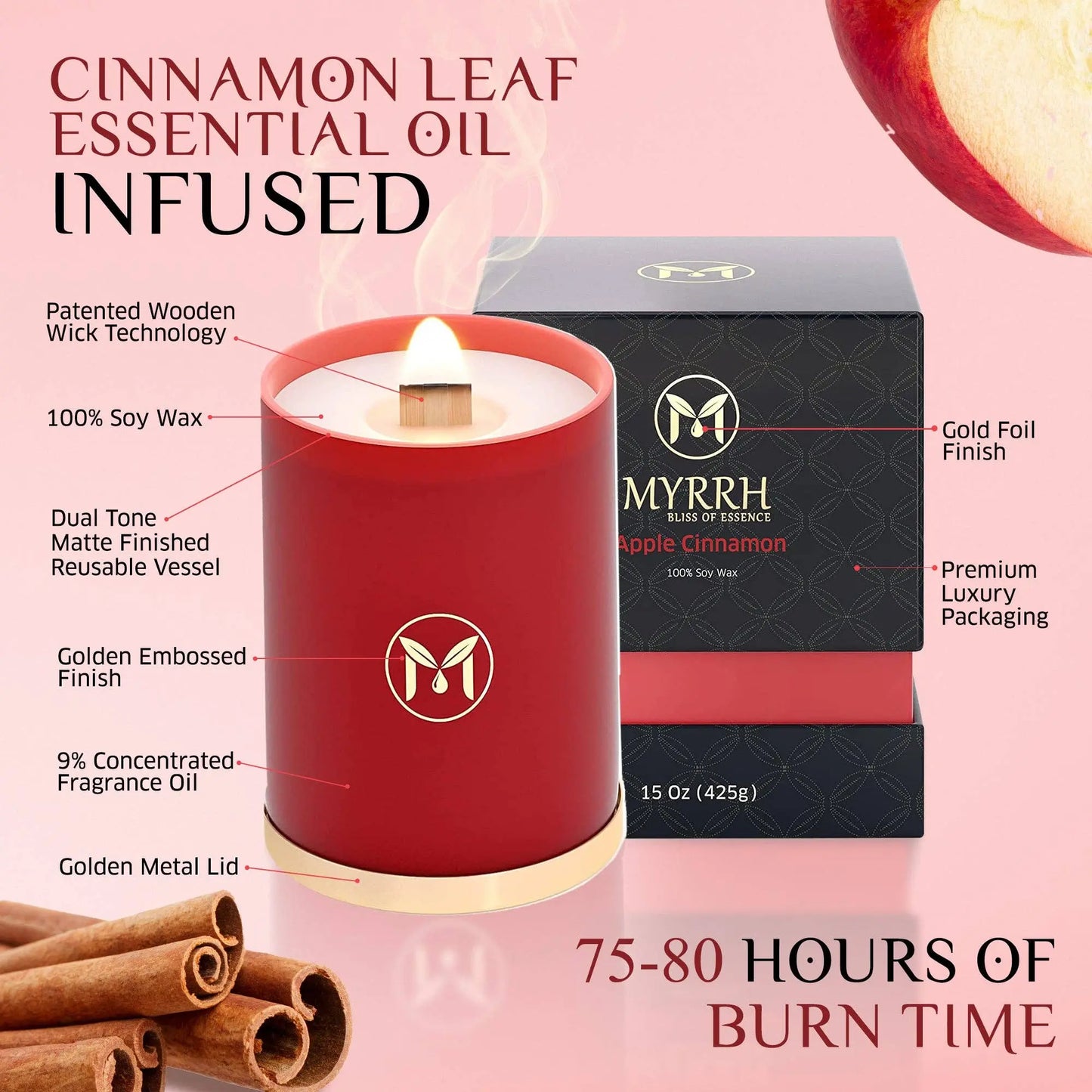 MyrrhUSA - Apple Cinnamon 100% Soy Wax Crackling Wood Wick Candle