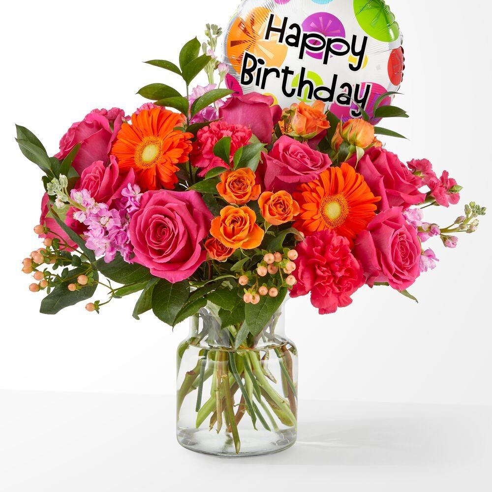 Happy Birthday Bouquet with Balloon - 2 Hour Delivery Miami $65 Great Value