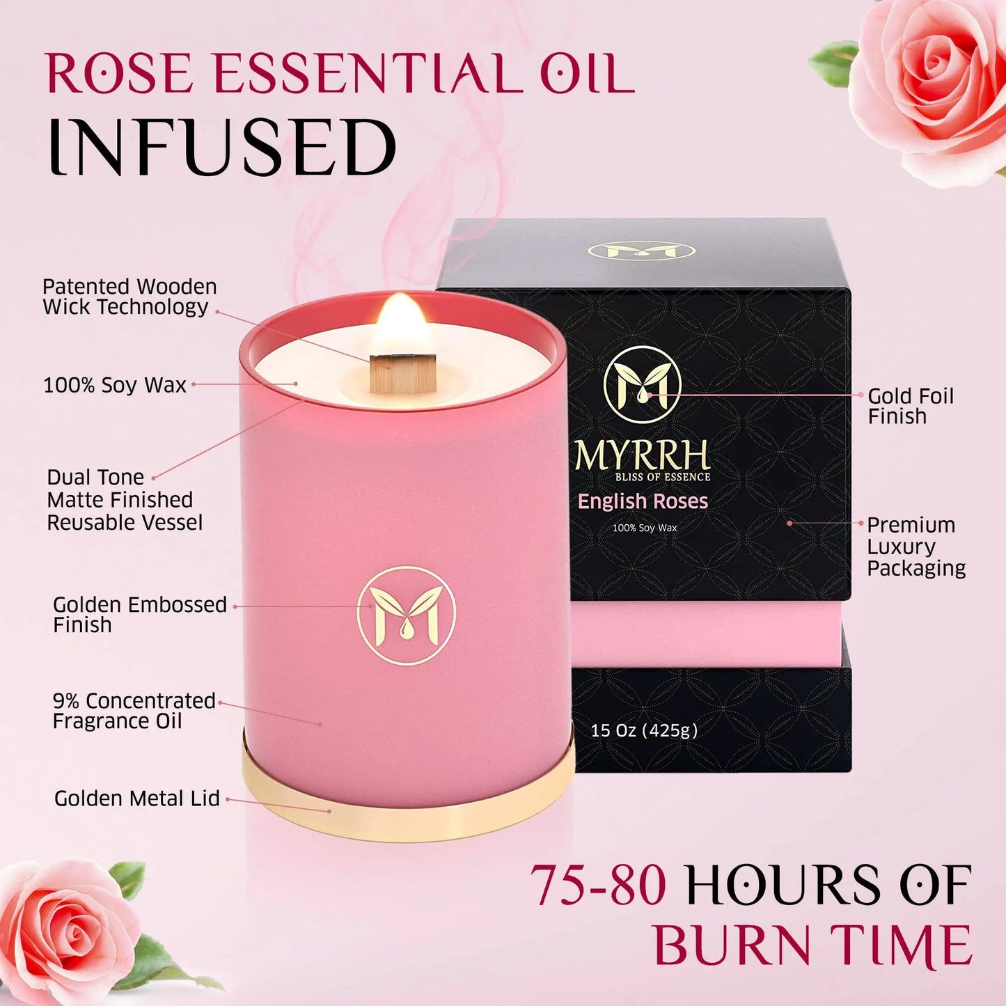 English Roses 100% Soy Wax Crackling Wood Wick Candle