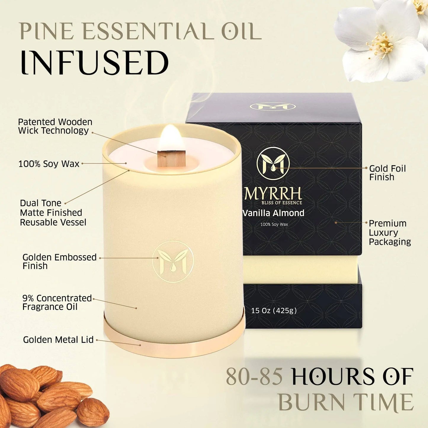 Vanilla Almond 100% Soy Wax Crackling Wood Wick Candle