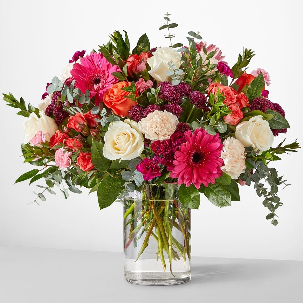 Flower bouquet with hot pink, orange and white blooms, same day delivery Miami
