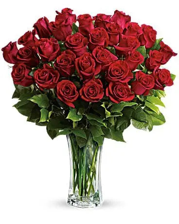 36 Red Roses Flared Glass Vase - Breathtaking Beauty Luxury MIAMI FLOWERS DESIGN