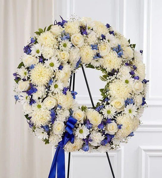 Respect & Remembrance Blue and White Funeral Wreath - Memorial Tribute