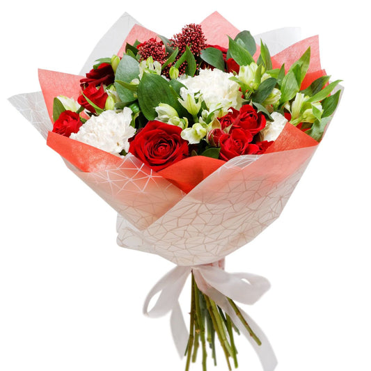 Mixed Flowers Bouquet - Red Roses & White Chrysanthemums