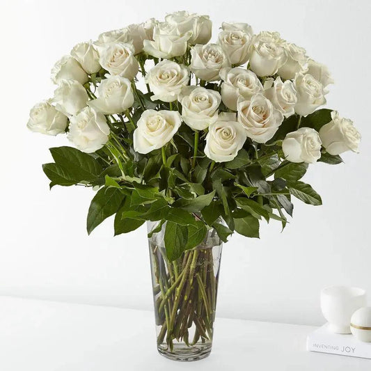 50 White Roses in Vase - Premium Long Stem Fresh Flowers