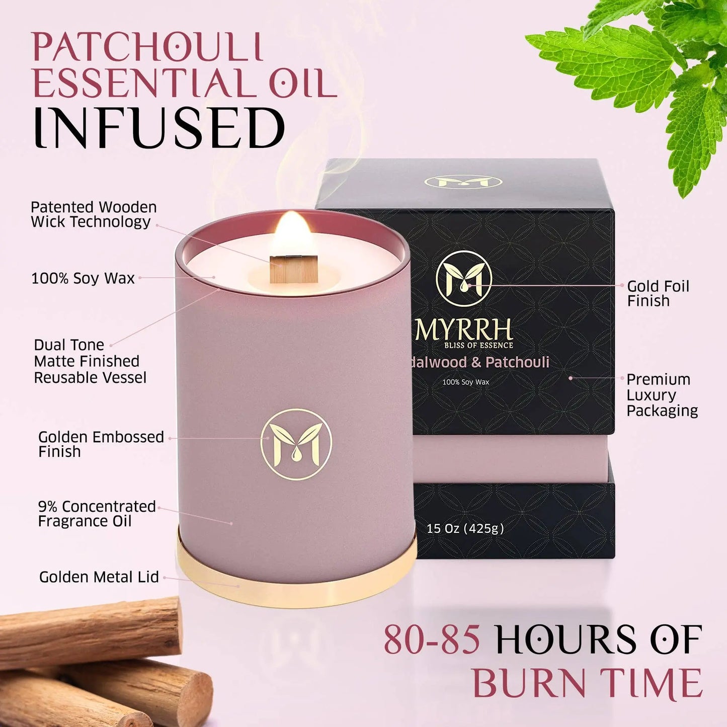 Sandalwood Patchouli 100% Soy Wax Crackling Wood Wick Candle