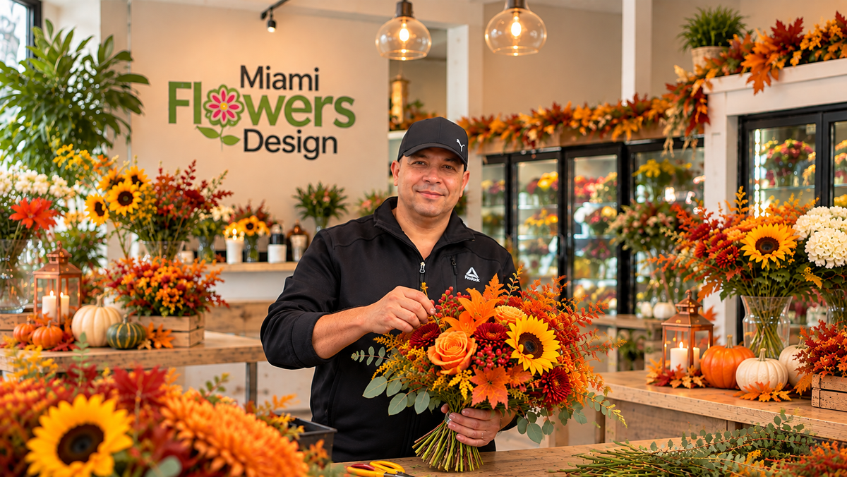 Miami Flowers Design florist preparing a fall bouquet with full head and logo visible