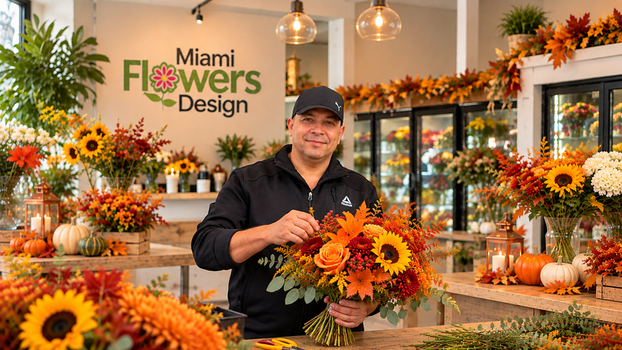 Miami Flowers Design florist preparing a fall bouquet with full head and logo visible