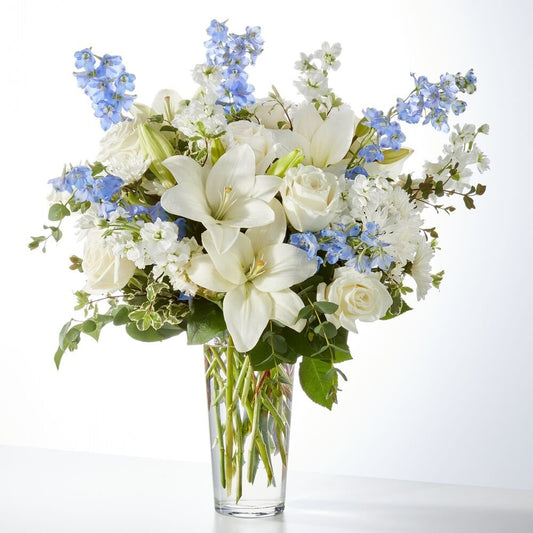 White Lilies, white roses and Blue Delphiniums - MIAMI FLOWERS DESIGN-same day delivery 